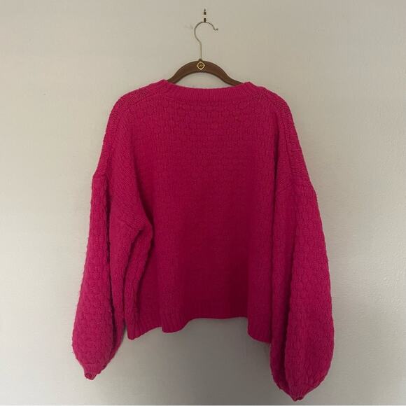 Chunky Knit Neon Pink Sweater Wide Sleeve Boxy Fit - Picture 2 of 5